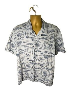 Vintage Y2K Solitude Hawaiian Camp Shirt Waikiki Tropical Print Button Up Blue L